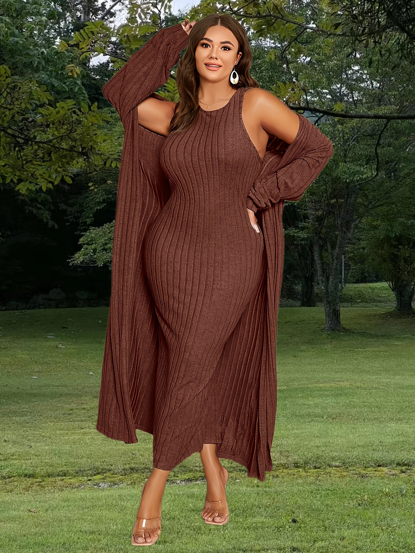 Plus Size Ribbed Cardigan  Dress Set for Women