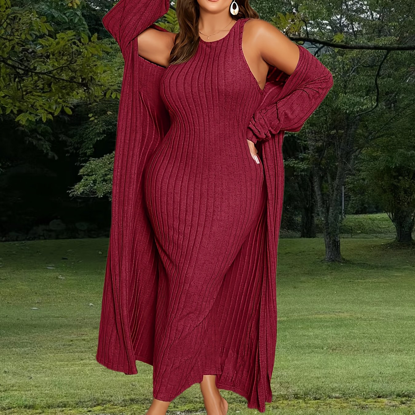 Plus Size Ribbed Cardigan  Dress Set for Women